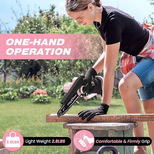 Mini Chainsaw, 6-Inch Electric Chainsaw Cordless, Upgraded 900W Brushless Portable Handheld Small Chain Saw with Auto Chain Regulator & Auto Oiler for Wood Cutting/TreeTrimming/Courtyard (Pink)