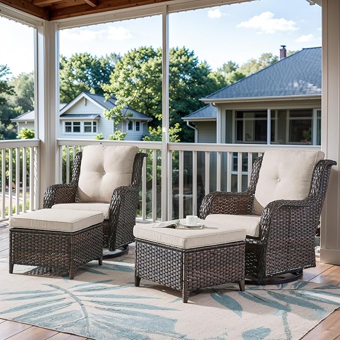 Belord 4 Pieces Patio Furniture Sets, Wicker Patio Swivel Glider Chair with Ottomans, Outdoor Furniture Set for Outside Porch, Deck, Balcony, Garden Brown