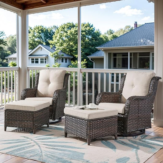 Belord 4 Pieces Patio Furniture Sets, Wicker Patio Swivel Glider Chair with Ottomans, Outdoor Furniture Set for Outside Porch, Deck, Balcony, Garden Brown