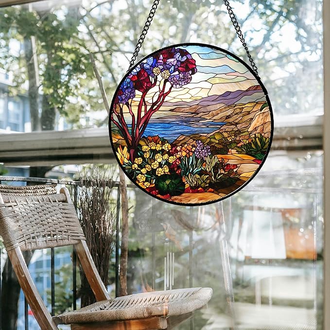QZQCBLC Stained Glass Window Hanging Retro Wildflowers Lake Mountain Scenery 6.3" - Suncatcher Door Garden Sun Catcher Home Decor Birthday Christmas for Mom Men Woman Friend