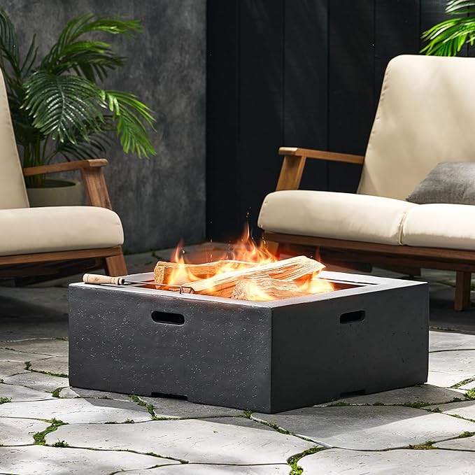 29 Inch Outdoor Fire Pit Table, Wood Burning Fire Pit for Patio with Spark Screen, Fire Poker, MGO Square Fireplaces for Camping, Garden, Backyard, Bonfire Party, Dark Gray