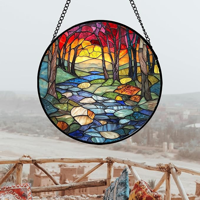 AMDERVEN Stained Glass Window Hanging, Red Tree Abstract Sunset Lake Sun Catcher for Window Home Decor Landscape Suncatcher Mother's Day Birthday Gifts for Women Men Mom and Nana 15 in