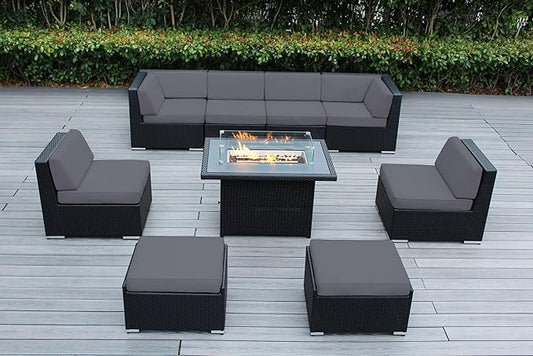 9 Piece Ohana Outdoor Patio Furniture Black Wicker Conversation Set with Fully Assembled Sectional and 42-inch Propane Gas Fire Table