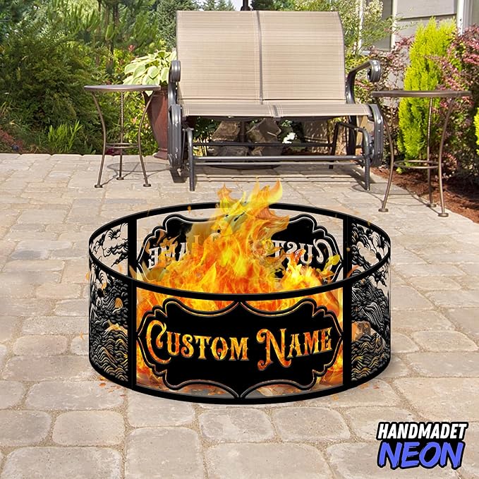 Personalized Fire Pit Ring 360 Degree, Outdoor Fireplace, Custom Text Fire Pits for Outside, Patio Firepit, Camping Bonfire Firepits, Garden BBQ Backyard Decor (Fishing Boat)