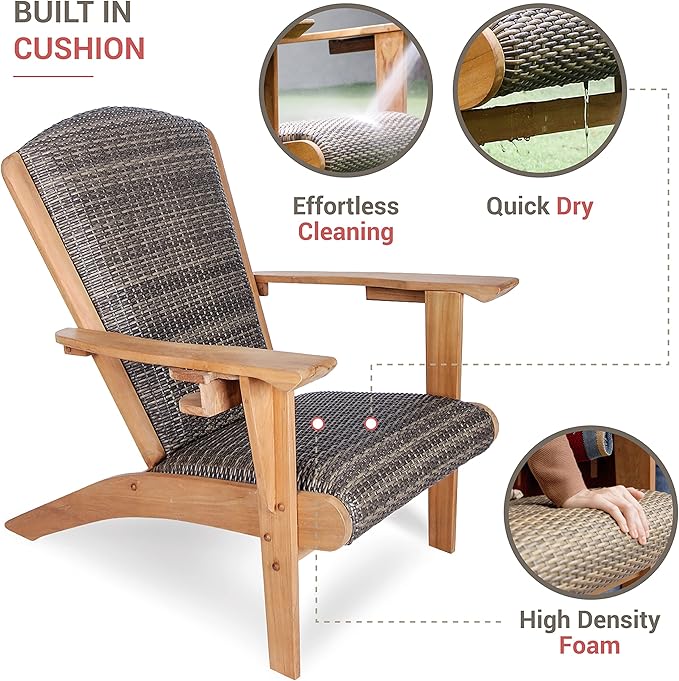 Cambridge Casual Auburn Teak Wood Padded Woven Seat Patio Lounge Conversation Set, Adirondack Chair + Ottoman
