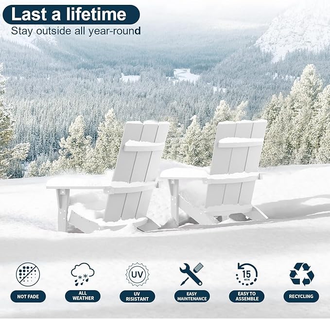 MXIMU Modern Adirondack Chairs Set of 8 Weather Resistant with Cup Holder Oversize Plastic Fire Pit Chairs Plastic Outdoor Chairs for Firepit Area Seating (White)