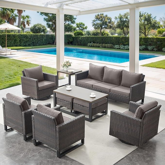 9 Piece Wicker Patio Furniture Set - Outdoor Swivel Rocker Chairs Set with Coffee Table, Rattan Chairs, 3 Seat Sofa & Ottomans, Patio Conversation Sets for Bcakyard Deck - Brown/Grey