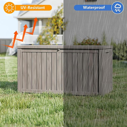 80 Gallon Outdoor Storage Box Waterproof, Resin Deck Boxes with Lockable Lid & UV-Resistant for Patio, Pool, Garden Furniture Cushions & Accessories, Coffee