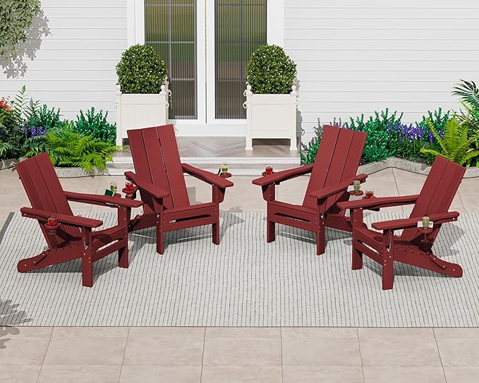 SERWALL Folding Adirondack Chair with Cup Holders, Weather Resistant HDPE Modern Adirondack Chair Set of 4, Plastic Outdoor Fire Pit Chairs, Red