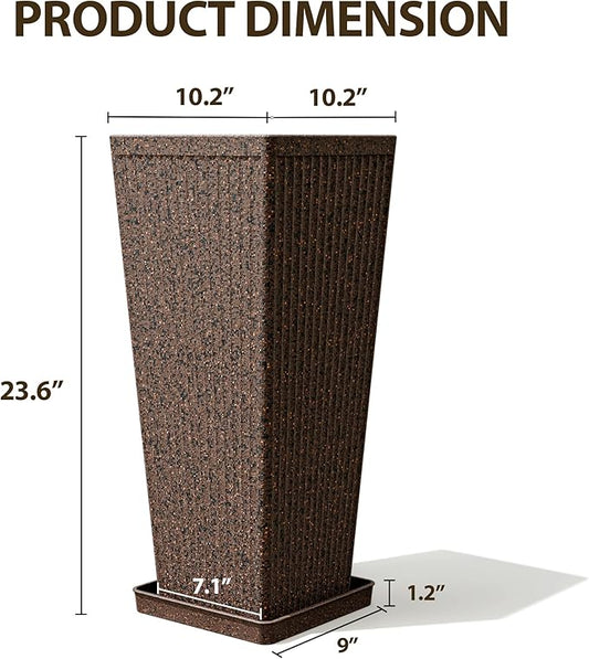 Tapered Tall Planters for Outdoor Plants 2 Pack- 23.6 Inch Heavy-Duty Classic Square Indoor Flower Pots with Drainage Holes/Partition/Tray, Large Outdoor Planters for Porch Patio, Brown