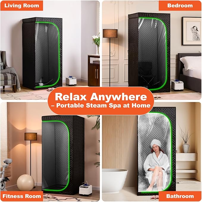 Portable Full-Body Steam Sauna Tent for Home – Large Indoor Personal Sauna with 15 Heat Levels, 3L Steamer, Remote, Foldable Chair and Transparent Window (Transparent Door, Black)