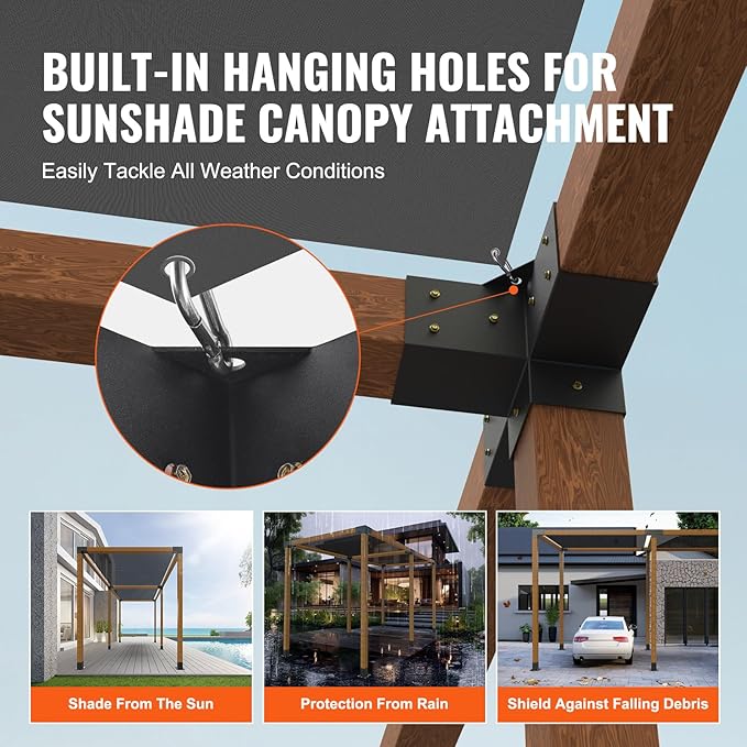 VEVOR Pergola Bracket Kit 4''x4''(Inner Size 3.6x3.6), 2pcs 4-Way Heavy Duty Corner Bracket Woodworks DIY Post Base Kit, Easy Installation Wooden Beams for Gazebos, Patio Pergolas, Log Cabin
