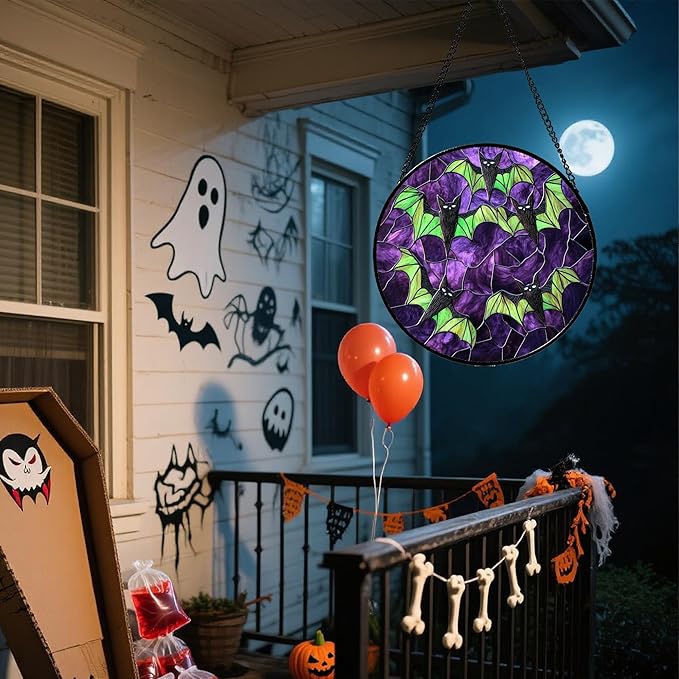 CRISGIF Stained Glass Window Hanging - Halloween Decorations Black Bat with Green Wings Suncatcher for Doors Garden Indoor Spooky Sun Catchers Gothic Decor Horror Gifts for Women Men Friend 9.8 in