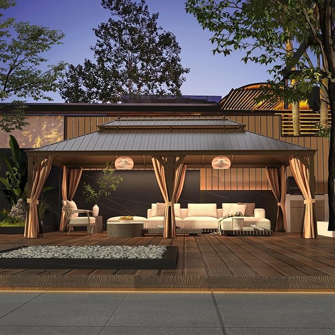 MELLCOM 14' x 24' Hardtop Gazebo,Galvanized Steel Metal Double Roof with Curtain and Netting,Brown Permanent Pavilion Gazebos with Aluminum Frame for Patios,Gardens,Lawns