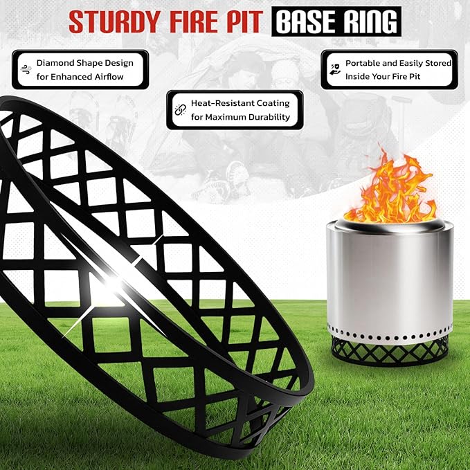 FEBTECH - Smokeless Fire Pit Accessories Combo - Heavy Duty Carbon Steel 15" Firepit Base Ring,15.5" Lid with 2 Wooden Handles - Fireplace Tools Kit for Camping, Patio, Bonfire Use