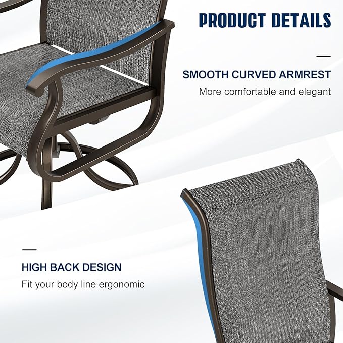 UDPATIO Patio Swivel Dining Chairs Set of 2, Outdoor Dining Chairs High Back with All Weather Breathable Textilene, Metal Rocking Frame for Lawn Garden Backyard, Dark Gray