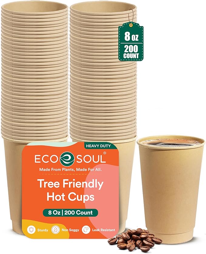ECO SOUL 100% Compostable Plant-Based Hot Cups | 8oz | Disposable Bagasse Paper Cups | Eco-friendly Cups | Sturdy, Microwave & Oven Safe (200, 8oz)