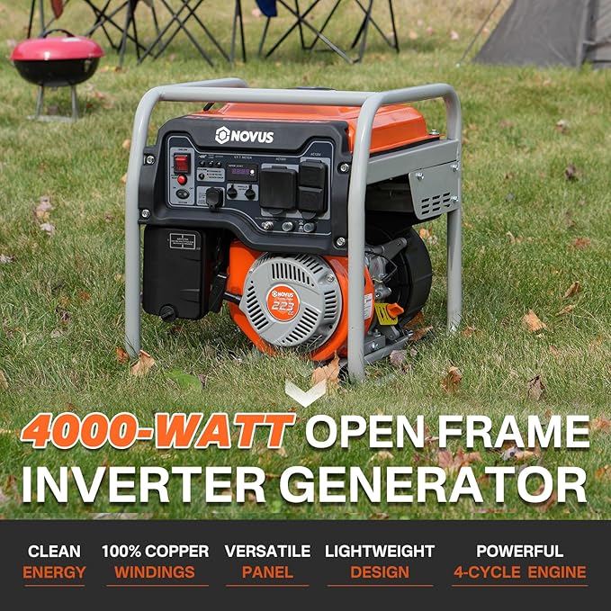 NOVUS 4000W Portable Inverter Generator for Home Use, Quiet Gas Generator with 223cc Engine, CO Sensor, RV Ready, GFCI Outlets for Home Backup, Camping, and RVs, EPA Compliant