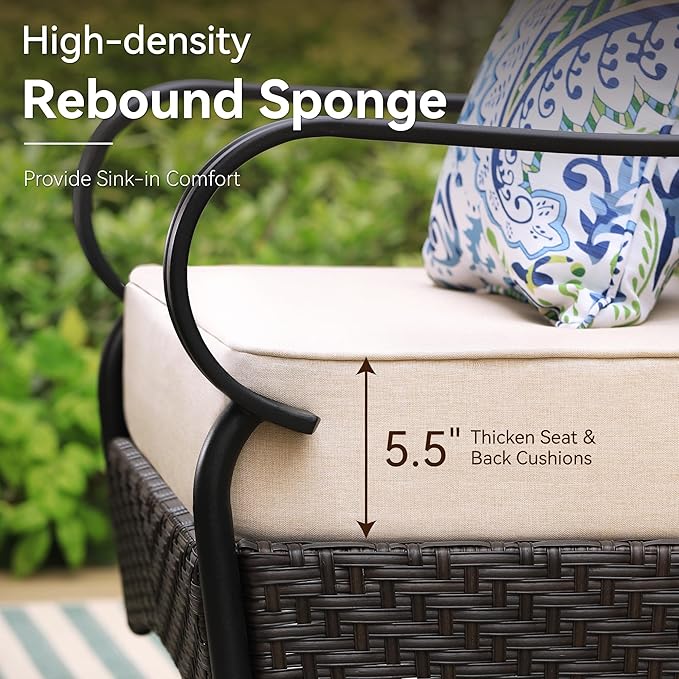 GREEN PARTY Extra Large Outdoor Patio Furniture Set 4 Pieces for 5, Modern Metal Patio Conversation Sets with High Back 3-Seat Sofa, 2 Motion Chairs, 1 Coffee Table, for Garden, Backyard