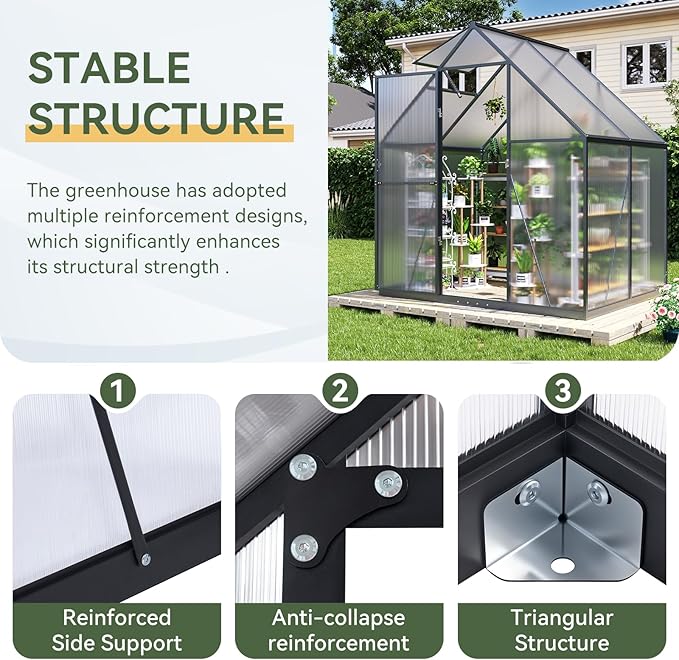 Aoxun 4x6 FT Outdoor Greenhouse,Sturdy Aluminum Frame, Polycarbonate Panels, Roof Vent, Ground Nails, Lockable Door,Quick Setup for Garden and Backyard, Black