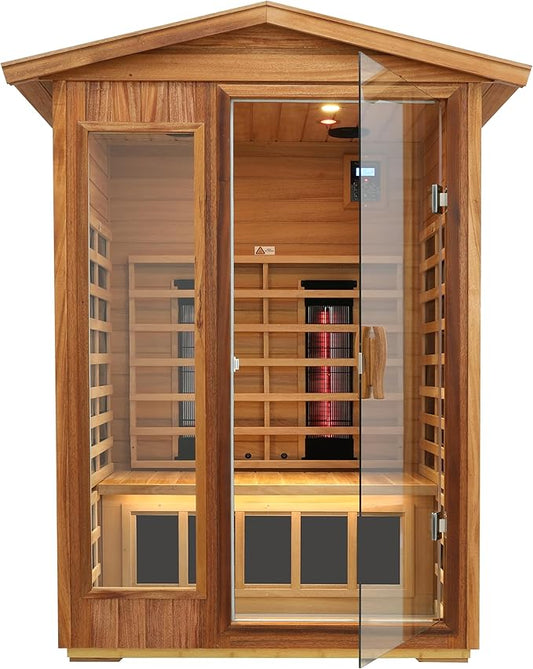 LTCCDSS Ceramic Outdoor Infrared Sauna 2 Person, Mahogany Far Infrared Sauna, Low EMF Sauna Room for Home,Withstand Outdoor Temp -10℉-149℉,Chromotherapys, Bluetooth Speakers (DIY Configurable)