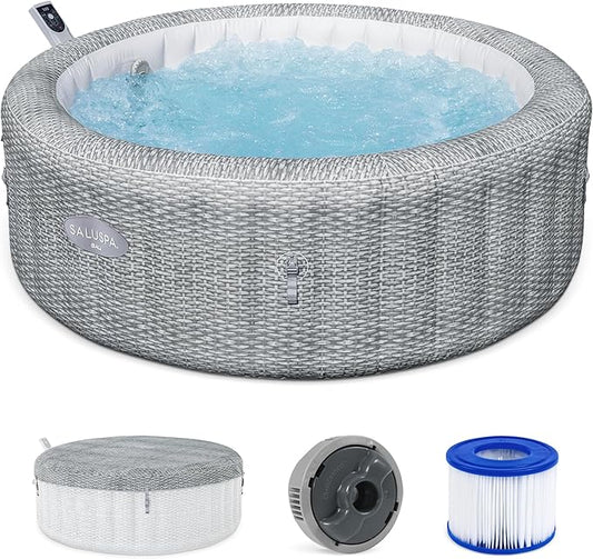 Bestway SaluSpa Bali Smart AirJet Inflatable Hot Tub Round Portable 4 to 6 Person Spa with 140 AirJets, App Control and EnergySense Cover, Grey Rattan