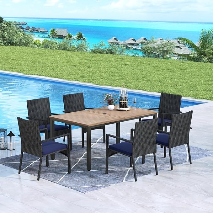 MFSTUDIO 7 Pieces Patio Dining Set for 6, 65” Wood-Like Metal Dining Table & Wicker Chairs, Outdoor Rattan Dining Furniture Set, Patio Rectangular Table and Chairs for 6, Deck, Backyard
