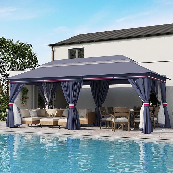 LAUSAINT HOME Gazebo 10x20ft, Heavy Duty Patio Gazebo with Expansion Bolts, Party Canopy Tent with Double Roofs, Mosquito Nettings and Privacy Screens for Backyard, Garden, Lawn, Classic Blue
