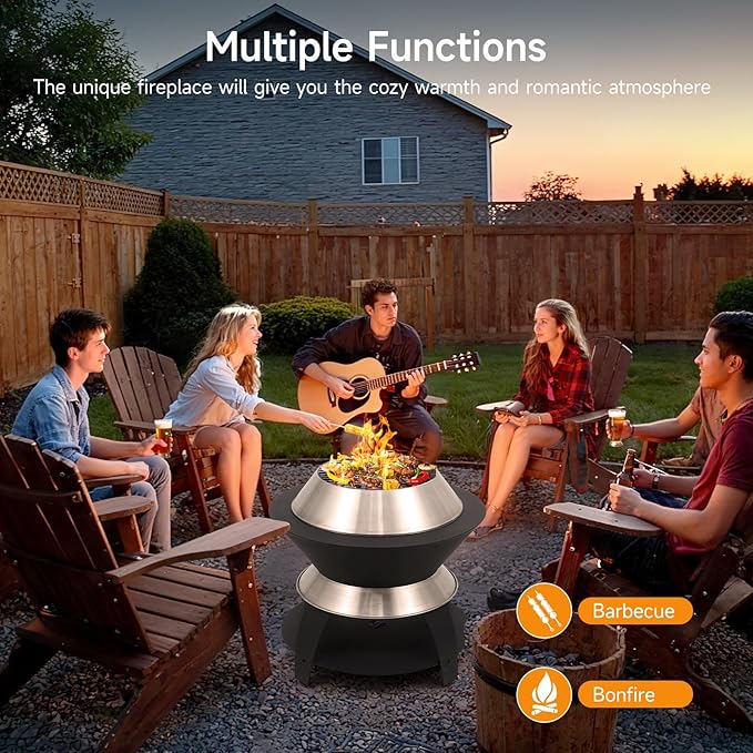 ONBRILL 26 Inch Smokeless Firepit, Outdoor Fire Pit with Waterproof Lid, Removable Ash Pan, Handbag, 2 in 1 Stainless Steel Potable Fire Pits for Outside Wood Burning, Bonfire, Camping, Picnic, Black