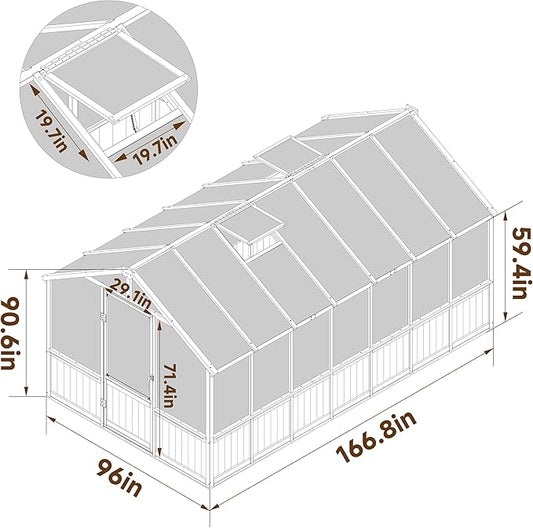 MUPATER 8 x 14FT Walk-in Wooden Greenhouse, Heavy Duty Green House Kit with Ventilated Window & Lockable Door, Greenhouse for Outside Garden, Backyard, Patio, Lawn