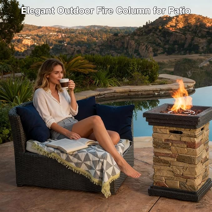 Outdoor Propane Fire Pit Table, 19.5 Inch Column MGO Concrete Gas Fire Pit with Lava Rocks, Smokless Firepits for Outside Patio, Garden, Backyard, 40,000 BTU, Tank Inside, Stone Gray
