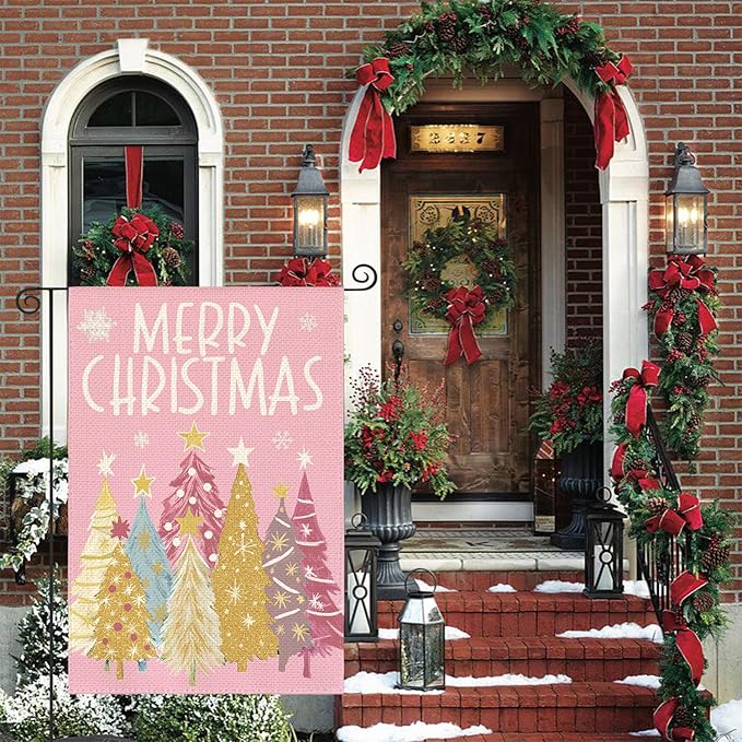 AVOIN colorlife Merry Christmas Garden Flag 12x18 Inch Double Sided Outside, Christmas Trees Winter Holiday Yard Outdoor Flag Pink