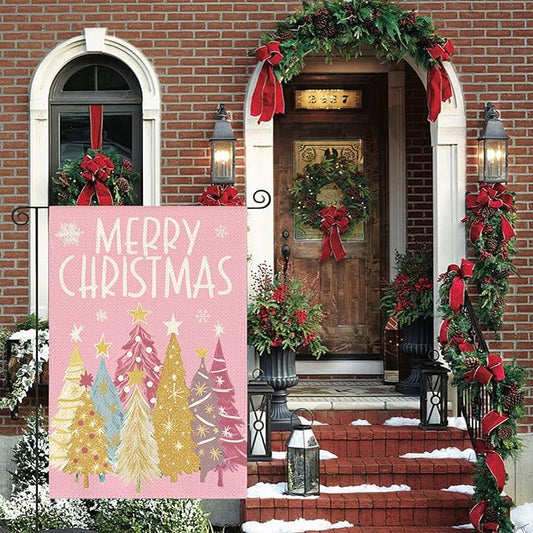 AVOIN colorlife Merry Christmas Garden Flag 12x18 Inch Double Sided Outside, Christmas Trees Winter Holiday Yard Outdoor Flag Pink