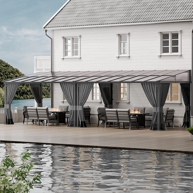 ASJMR 10x28FT Wall Mounted Gazebo Hardtop,Outdoor Wall-Mounted Patio Pergola Metal Frame Double Curtains Gazebo with Sloping Sun Panel Roof for Patio,Garden,Lawn,Pool,Backyard Deck, Gray