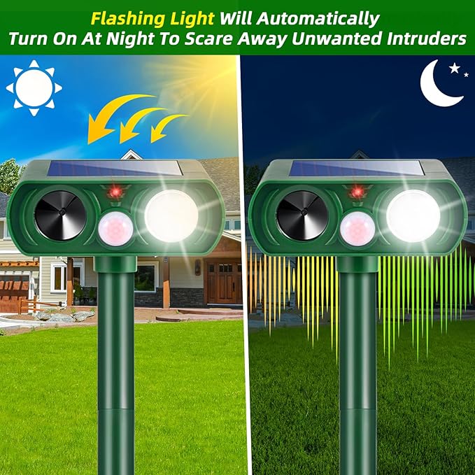 2 Pack 2026 Solar Ultrasonic Repellent Outdoor Cat Squirrel Skunk Dog Repellent for Yard,Deer Repeller Devices Motion Detection,Animal Deterrent Light for Rabbit Racoon Rodent Bird