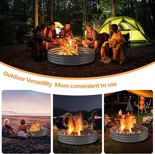 Mr IRONSTONE Outdoor Fire Pit Galvanized Fire Pit Ring, Foldable Outdoor/Camping/Gatherings 5 FT Diameter Fire Pit for Yard/Garden/Park/Beach, 60 Inches Fire Ring Pit, Silver