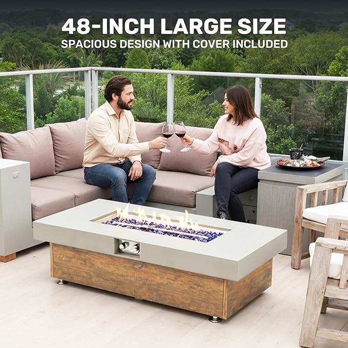 48" Propane Fire Pit,Outdoor Gas Fire Pit Table with Rain Cover,Rectangular Heater for Patio, Backyard, Deck,50,000BTU Outdoor Modern Patio Fire Pit. (Retro Wood, 48" x 23.6")