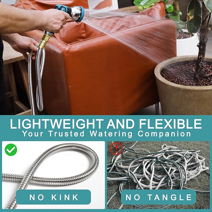 25FT Garden Hose, 304 Stainless Steel Water Hose, Flexible with a 10-Mode Nozzle Sprayer, No Kink, Lightweight, Puncture Proof, Ideal for Yard, Lawn, Outdoor, 5/8'' Outside Diameter