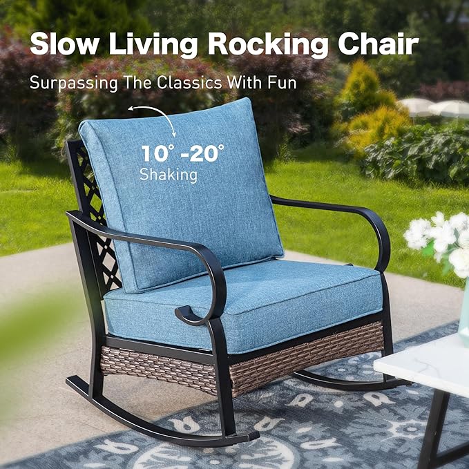 4 PCS Metal Outdoor Patio Furniture Set, Patio Conversation Sets 1 3-Seater Sofa, 2 Rocking Chairs with 5.75" Extra Thick Cushion & Coffee Table, Black Backyard Furniture, Denim Blue