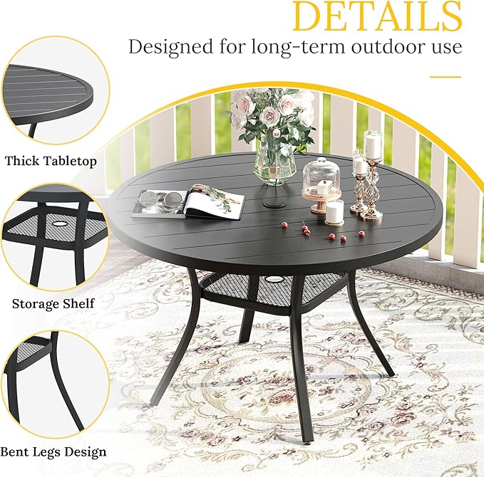 VICLLAX 41.2"x 28" Outdoor Round Patio Table for Lawn Garden, All Weather Metal Round Patio Dining Table with Adjustable Umbrella Hole, Patio Table for 4 Person, Black Tabletop