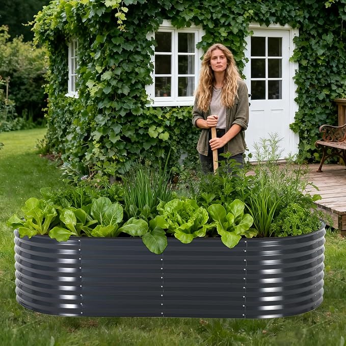 Oval Galvanized Raised Garden Bed Kit with Zippered PVC Cover, Easy Assembly, Thick Metal Outdoor Planter Box for Vegetables, Flowers, Patio Gardening, Grey