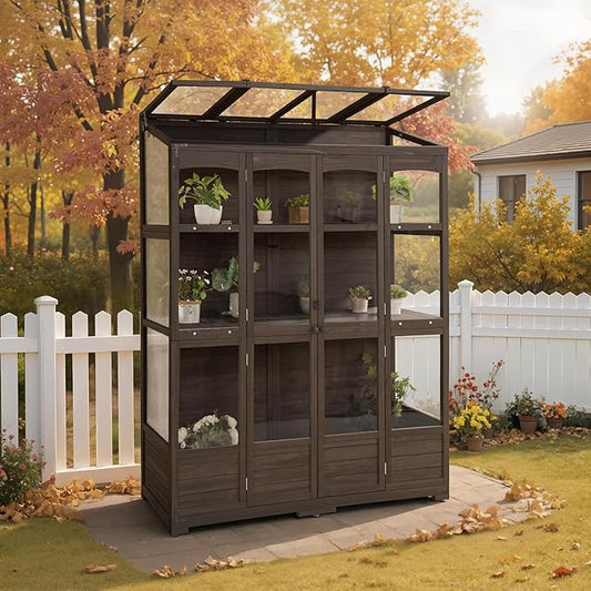 MCombo Wooden Greenhouse, Walk-in Outdoor Greenhouse with Openable Roof and Lockable Door, 0899 (Brown)