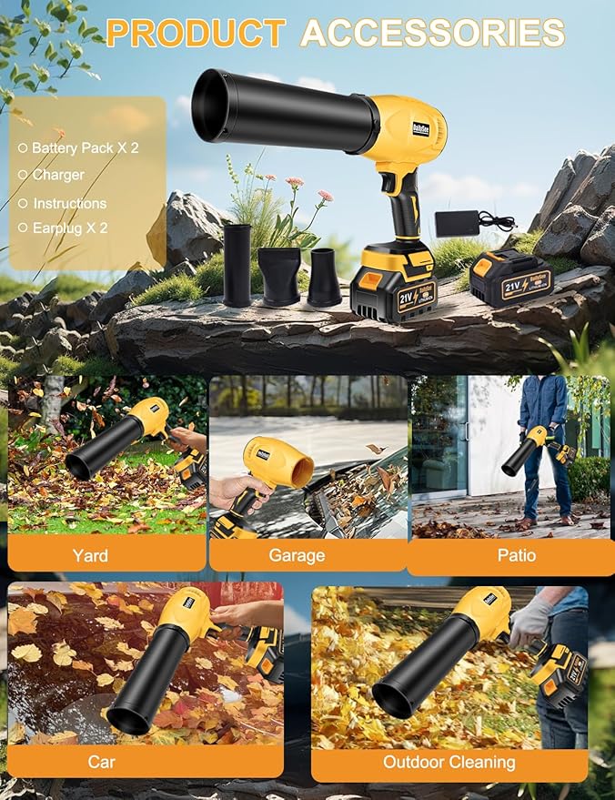 Leaf Blower Cordless, Powerful Handheld Electric Blower with 2×21V Batteries, Lightweight Leaf Blower for Lawn Care, Patio, Leaves, Snow & Dust Removal (Yellow Leaf Blower)