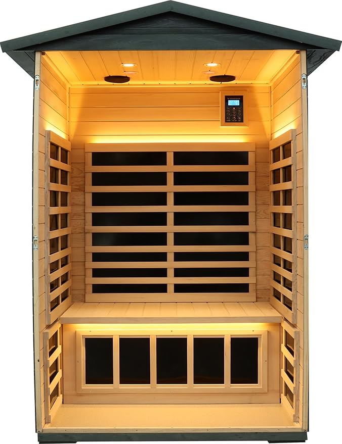 Ultra-Low EMF Outdoor Sauna 2-Person, Carbonized Composite Wood Far Infrared Sauna for Home, EMF 0.1-1mG, 6 Carbon Crystal Heaters, 360° Full Enclosure, Bluetooth & Chromotherapy (57.8*40.5*81.1 In)