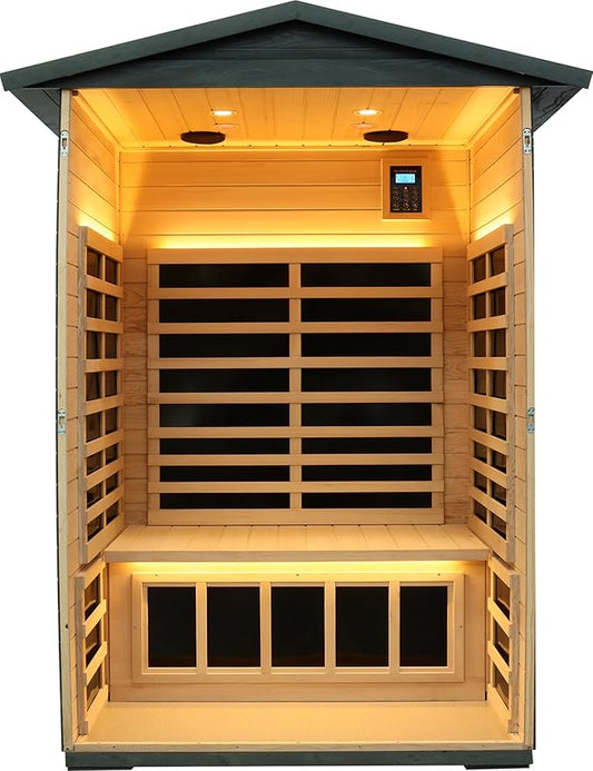 Ultra-Low EMF Outdoor Sauna 2-Person, Carbonized Composite Wood Far Infrared Sauna for Home, EMF 0.1-1mG, 6 Carbon Crystal Heaters, 360° Full Enclosure, Bluetooth & Chromotherapy (57.8*40.5*81.1 In)