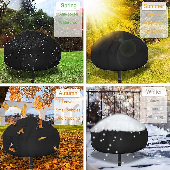LBTING Fire Pit Cover, 28 inch Cover for 23-28 inch Round Firepit, Waterproof Windproof Dustproof UV-Resistant Heavy Duty Cover for Outdoor Patio Firepit Table - Black