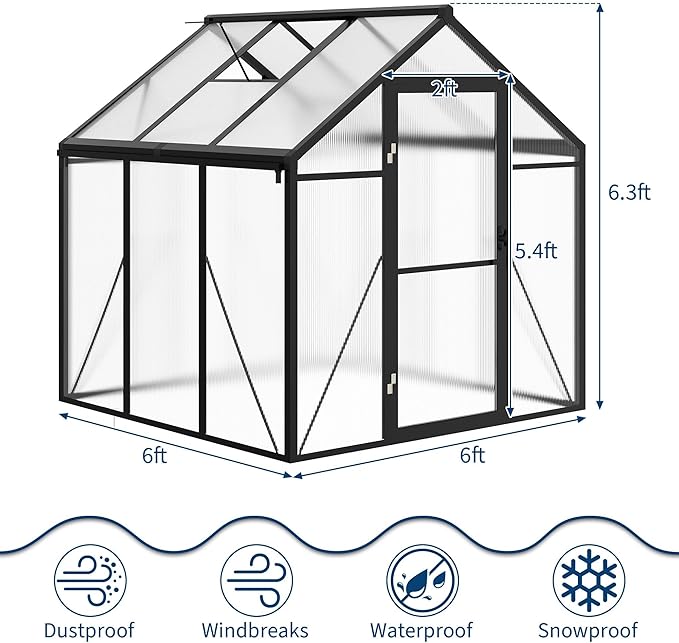 6x6 FT Greenhouse for Outdoors, Polycarbonate Greenhouse with Roof Vent, Ground Nails, Lockable Push Door, Aluminum Large Walk-in Green House for Outside Garden Backyard, Patio, Lawn, Black
