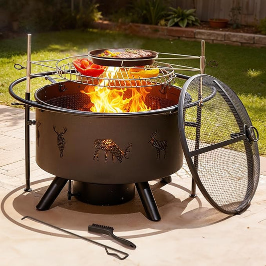 NATURAL EXPRESSIONS 32 Inch Outdoor Fire Pit, Wood Burning Fire Pits with 2 Grills, Poker, Brushes, Ash Pan, Mesh Cover, Waterproof Cover, Charcoal Fire Pit for BBQ, Patio, Bonfire, Heat&Cook