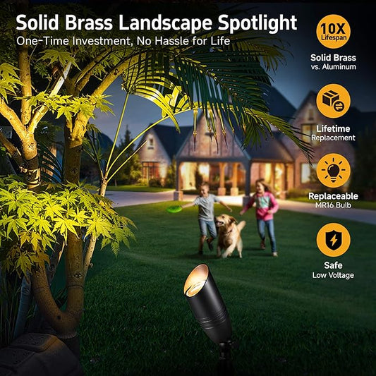 Gardenreet Spot Light Brass - Outdoor Landscape Spotlights LED, 12V Low Voltage Landscaping Uplights, Hard-Wired All Weather Black for Backyard Lawn with Day Light Changeable Bulbs (8 Pack)