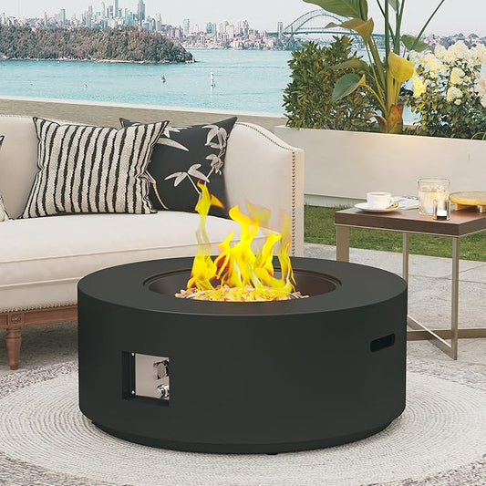 32.5 Inch Propane Fire Pit Table, 50,000 BTU Round Patio Fire Pit Table Outdoor, CSA Certified, Stainless Burner with Steel Lid, Waterproof Cover & Lava Rocks, for Backyard Garden, Black